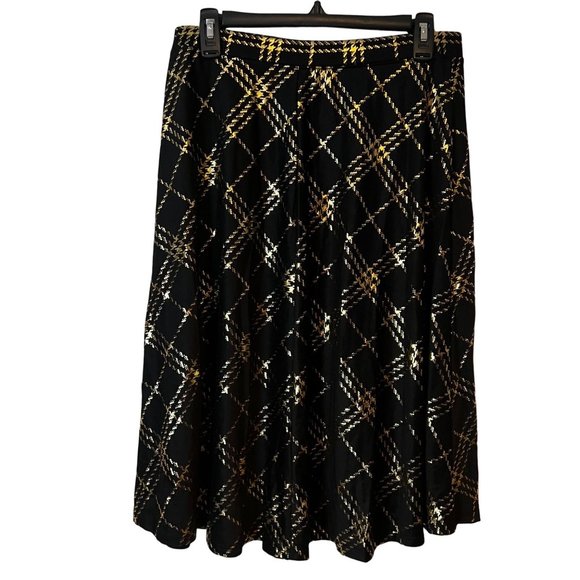 Laura Scott Skirt Black Gold Metallic Checkered A Line Pleated Pull On Womens - Picture 6 of 8